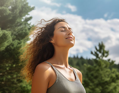Relaxed woman breathing fresh air in a green forest